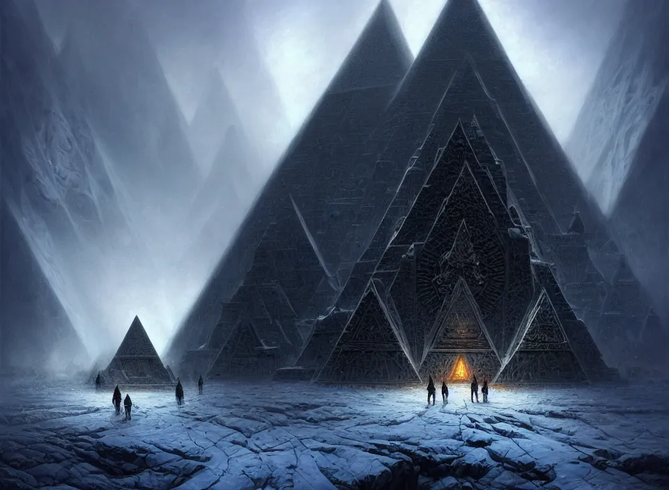 Prompt: massive black pyramid in a frozen environment, intricate, elegant, highly detailed, centered, digital painting, artstation, concept art, smooth, sharp focus, illustration, artgerm, tomasz alen kopera, peter mohrbacher, donato giancola, joseph christian leyendecker, wlop, boris vallejo