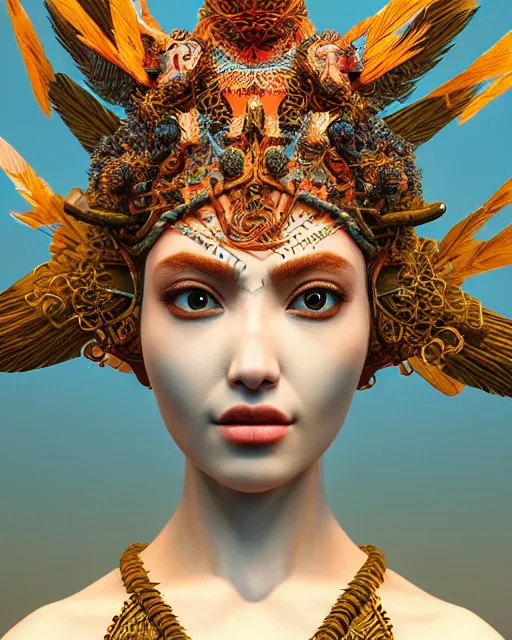 Image similar to 3 d warrior goddess close - up profile portrait. beautiful intricate highly detailed chuu!! magpie helm and richly embroidered blouse, quetzalcoatl, bioluminescent, plasma, lava, ice, feather, windy, artwork by tooth wu and wlop and annie leibovitz, octane 3 d render