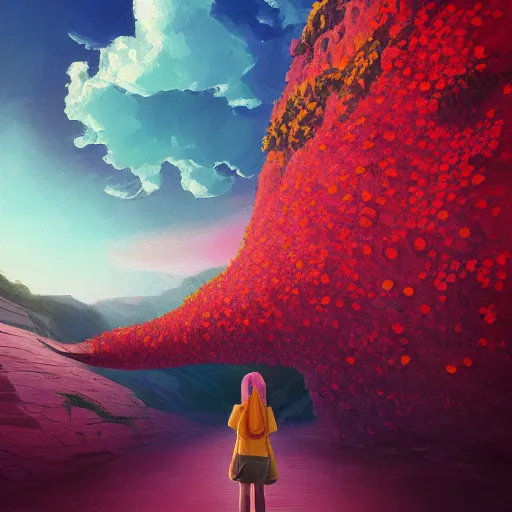 Image similar to giant cherry flower as a head, girl walking in a canyon, surreal photography, sunrise, dramatic light, impressionist painting, colorful clouds, digital painting, artstation, simon stalenhag