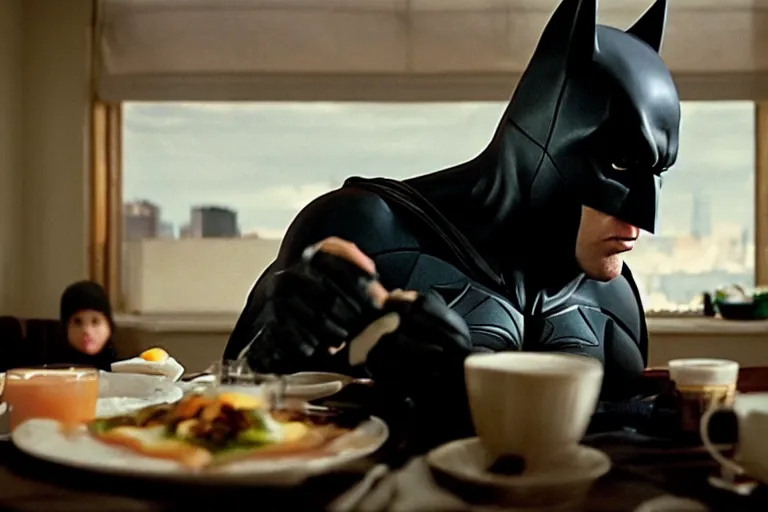 Image similar to portrait of Batman eating breakfast By Emmanuel Lubezki