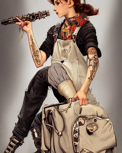 Prompt: a full body portrait beautiful androgynous punk girl with short hair and beautiful eyes, beautiful face, who is a mechanic wearing overalls carrying a bag, digital concept art, detailed digital painting, ornate decorative background, very aesthetic!!!!!!, by j. c. leyendecker and edward blair leighton and charlie bowater, trending on artstation