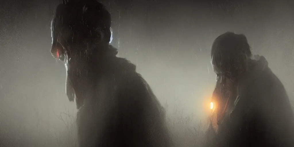 Image similar to creepy horror movie characters, fog, rain, volumetric lighting, beautiful, golden hour, sharp focus, highly detailed, cgsociety