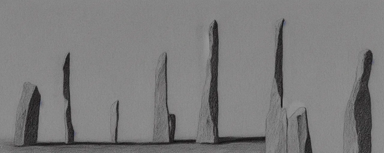 Prompt: A drawing of The grim reaper stands large in front of neolithic standing stones of stenness, by Sol LeWitt