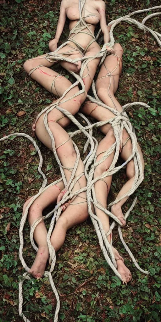 Image similar to beautiful painted female bodies intertwined, shibari ropes wrapped around bodies, bodies lying on the forest floor, surrealism, abstract, no face