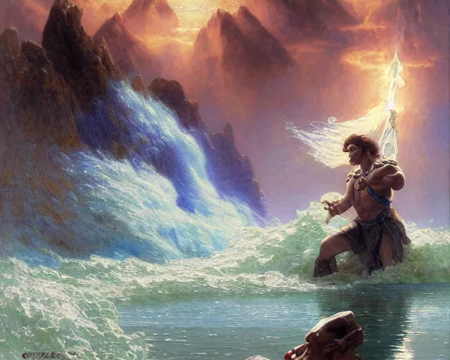 Image similar to attractive male wizard casting powerful giant tsunami spell in a beautiful lake. highly detailed painting by gaston bussiere, craig mullins, j. c. leyendecker 8 k