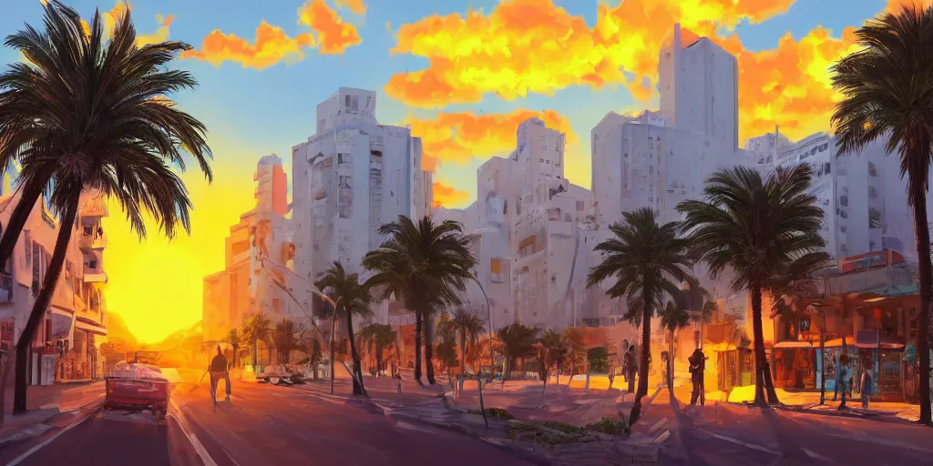 Image similar to sunset over the streets of tel aviv. colorful. highly detailed. palm trees. dogs. 8 k. artstation trending. concept art. digital painting