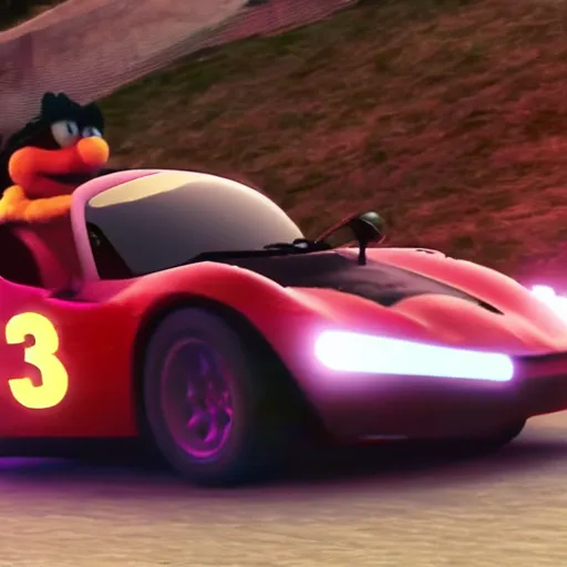 Image similar to Elmo driving a sports car, cinematic, cinematic lighting, HD, movie experience