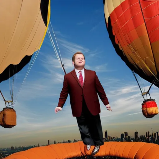 Image similar to Andy Richter wearing a brown suit and necktie floating in a hot air balloon about nyc