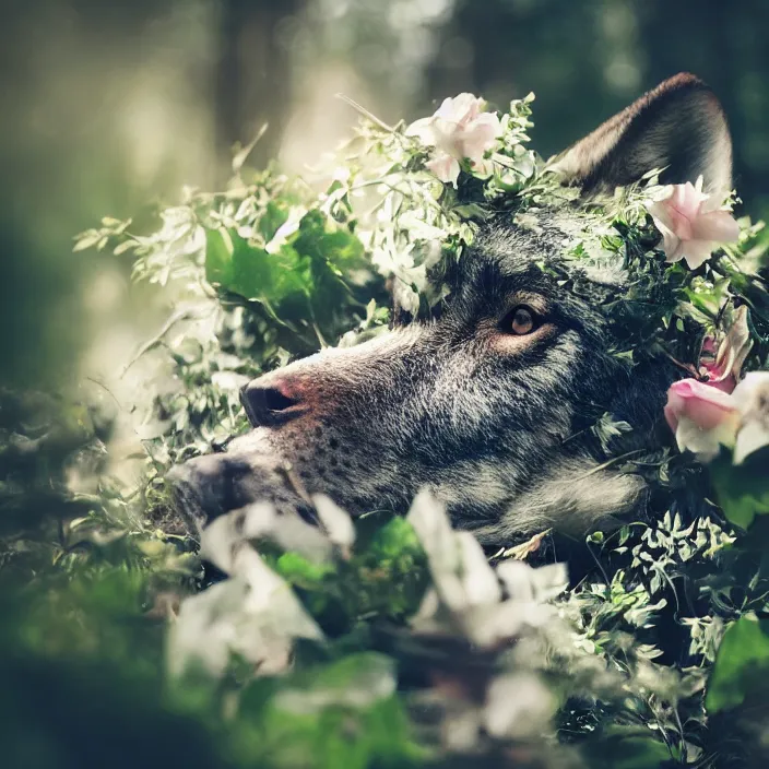 Image similar to overgrown foliage taking over a realistic wolf skull, close - up, 3 5 mm, f 1. 8, bokeh, beautiful, lens flare, emotional, sweet, flowers, detailed, picture, artstation, award - winning