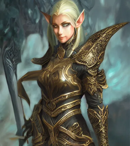 Image similar to unknown the elder scrolls vi charismatic regal high elf female battle - mage portrait, clothed in elaborate elven - plated battle armour atmospheric lighting painted intricate volumetric lighting, beautiful, sharp focus, ultra detailed by krenz cushart and wenjun lin