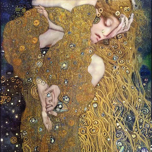 Image similar to dreamy angel, in the cosmos, 🌫🌌 intricate long shelve robes, intricate detail, klimt, royo,