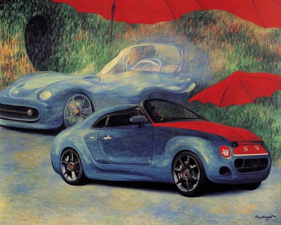 Prompt: achingly beautiful painting of a 2 0 1 3 abarth by rene magritte, monet, and turner.