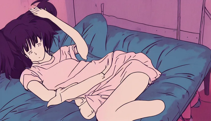 Prompt: girl laying on bed, rainy day, anime, ghibli, 9 0 s, retro style, aesthetic, pastel color