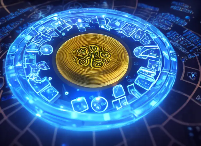 Prompt: magic golden computer chip with runes and a glowing blue crystal in the center, mana flowing around it, product photo, trending on artstation, unreal engine 5, 4 k, 8 k