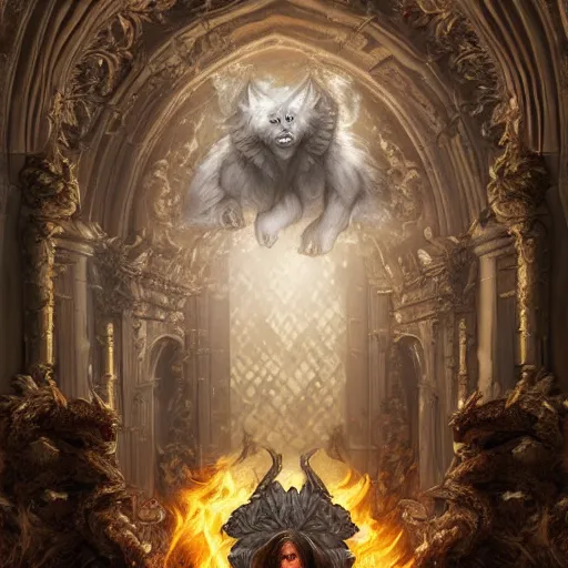 Prompt: A epic and beautiful rococo painting of a angelic werewolf inside a burning cathedral. Final boss. Castlevania style. ultra-detailed. Anime, pixiv, UHD 8K CryEngine, octane render