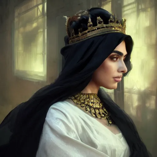 Image similar to a Photorealistic dramatic hyperrealistic render of an arab queen Esther ameera al taweel, green eyes, middle Eastern skin, eyes, black hair, white veil, with a pet lion by WLOP,Artgerm,Greg Rutkowski,Alphonse Mucha, Beautiful dynamic dramatic dark moody lighting,shadows,cinematic atmosphere,Artstation,concept design art,Octane render,8K