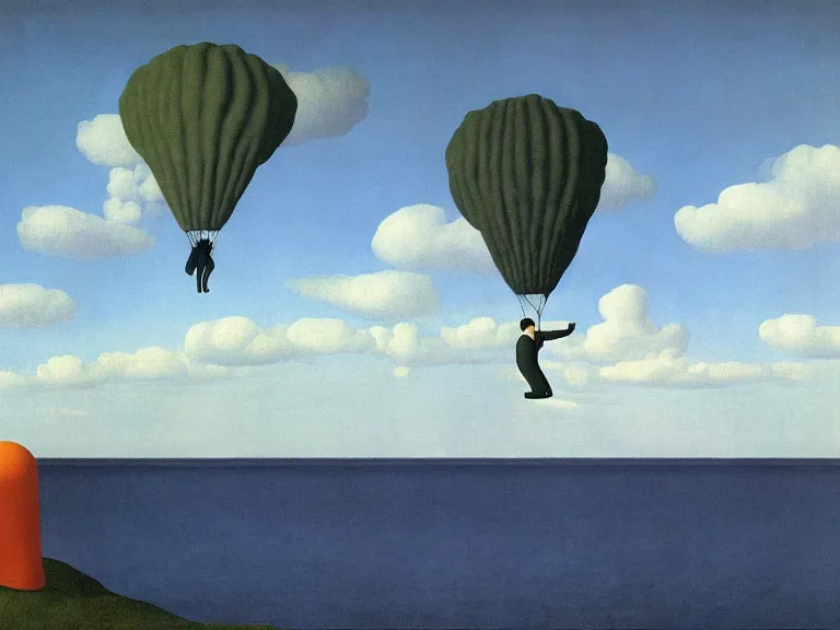 Image similar to Man parachuting onto a small island in the middle of a big lake painting by rene magritte, high detail, high resolution