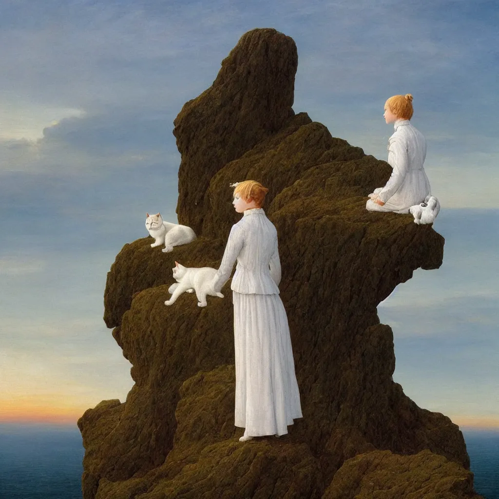 Image similar to an android girl with a white cat by caspar david friedrich, in the sunset ， sitting on the edge of a cliff ， look at the sea ， hyperrealistic, clean, pure, elegant, highly detailed, digital painting, artstation, concept art, smooth, sharp focus, illustration,