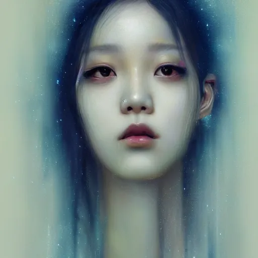 Image similar to jisoo of blackpink, hyperrealistic portrait, bladerunner street, by karol bak and agnes cecile, fantasy art, photo realistic, dynamic lighting, artstation, poster, volumetric lighting, very detailed face, 8 k, award winning