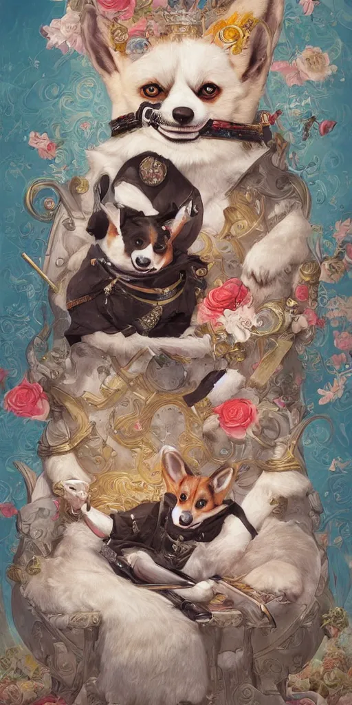 Prompt: highly detailed painting of a masked cult corgi assassin god chilling on his throne, by Anna Dittmann and Hikari Shimoda , trending on Artstation, 8k, masterpiece