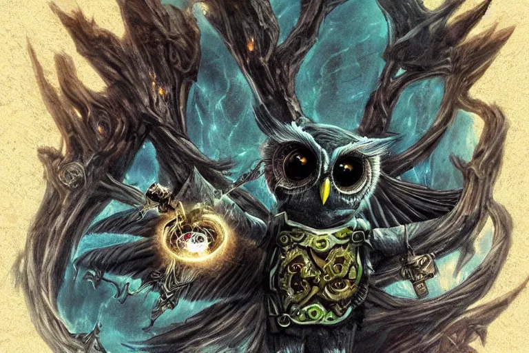 Prompt: the undefeatable, insurmountable, all - seeing enchanting necro - owl of time, able to control all abstractions and elude the physical world through mesmerising quantum - flight. dark background. dark fantasy concept art.