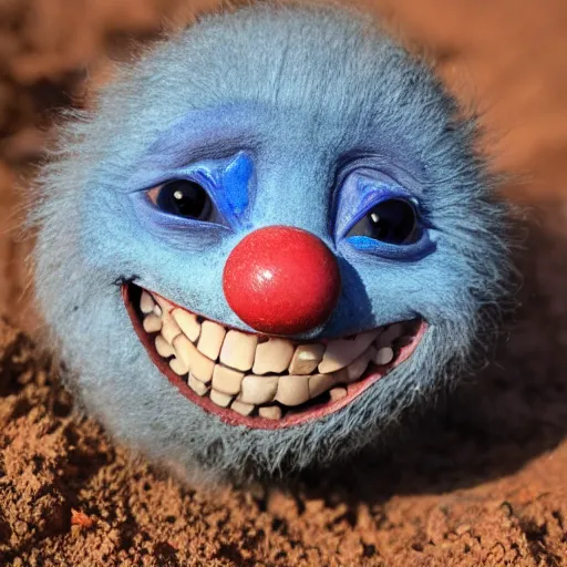 Image similar to photo of a small round creature made of dirt with round blue eyes and a round clown nose and a cute smile