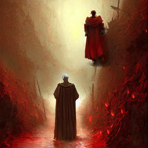 Image similar to Dante Alighieri and the poet Virgil walking through hell by Marc Simonetti