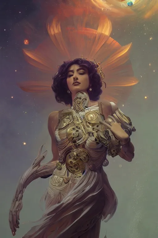 Image similar to goddess of space and time, accurate anatomy, only two hands, highly detailed, digital painting, artstation, concept art, smooth, sharp focus, illustration, Unreal Engine 5, 8K, art by sakimichan and greg rutkowski and alphonse Mucha