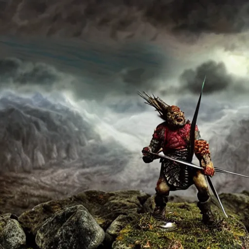 Prompt: lonely ork warrior struck by an arrow in the shoulder, bleeding, tired, desolated mountains in the distance, cloudy and atmospheric with a touch of sunlight coming through, realistic, tolkien world
