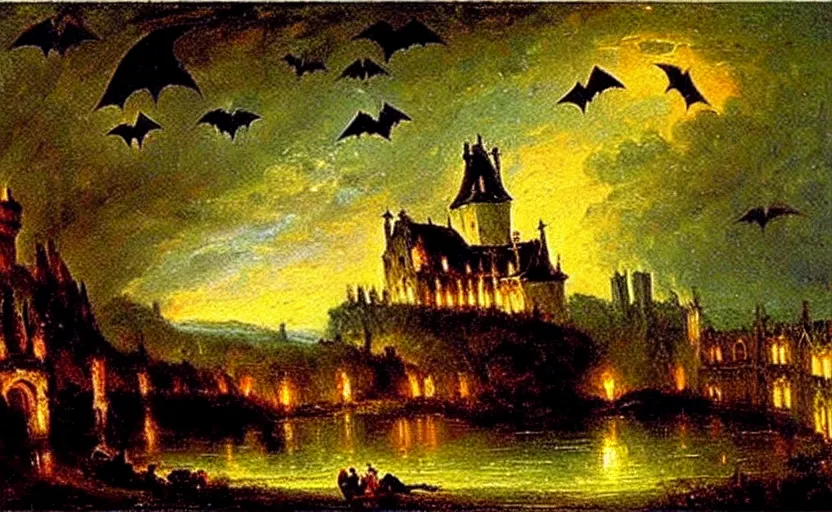Image similar to oil painting by karl bryullov, french gothic burning! castle at night, bats flying away from castle, blur, bokeh