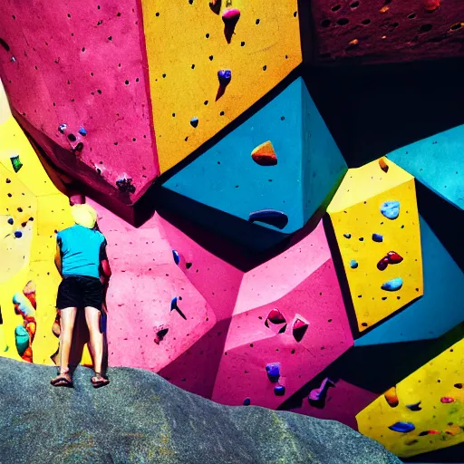 Prompt: looking up at a bouldering wall with brightly colored holds and volumes, holds and vikumes made of human faces, iso, mm, octane,