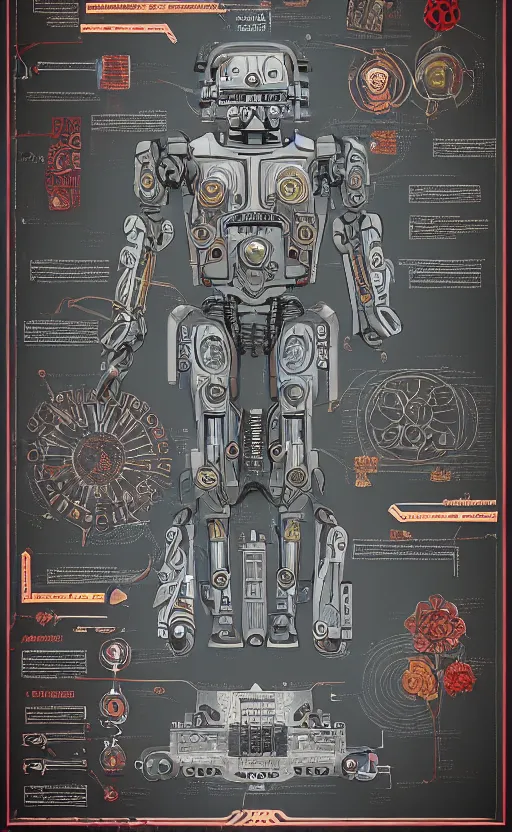 Image similar to anatomy of the terminator, robot, cyborg, t 1 0 0, arc reactor, bloodborne diagrams, mystical, intricate ornamental tower floral flourishes, rule of thirds, technology meets fantasy, map, infographic, concept art, art station, style of wes anderson