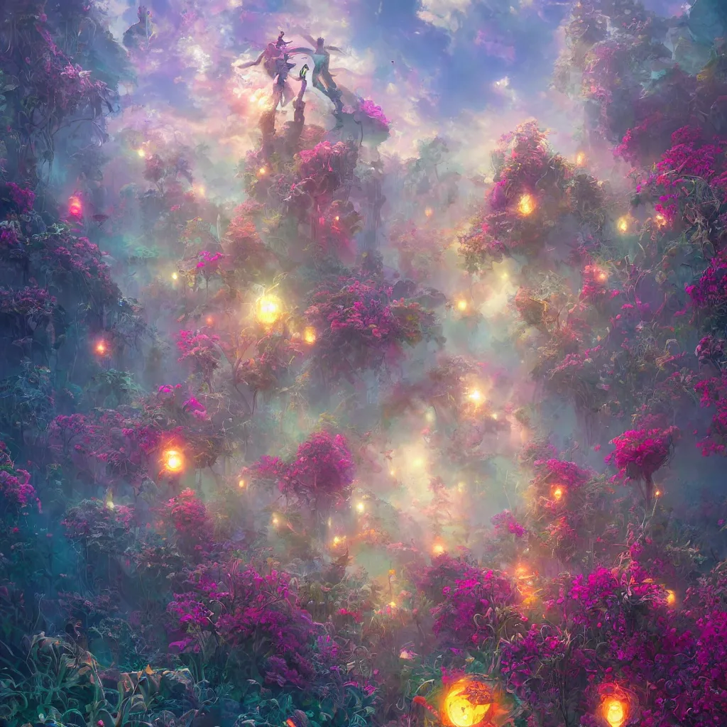 Image similar to digital illustration, a world full of life divine thrill of the biological tranquil sky, atoms floating gothic harts, flowers, in the style of greg rutkowski and lisa frank hr giger, bright color splashes, high detailed 8 k