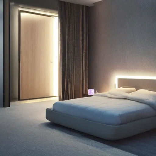 Image similar to luxurious bedroom at night, highly detailed, light coming from door, futuristic