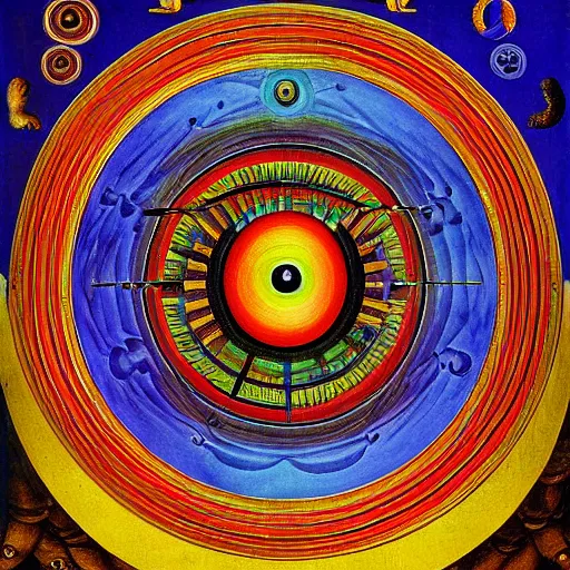 Prompt: painting of rainbow ophanim surrounded by large diagonally rotating rings, giant eyeball in the middle of the ophanim, by jan van eyck, amazing details, mythological, biblical, beautiful composition