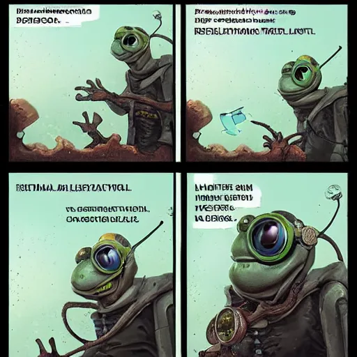 Image similar to Anthropomorphic frog who wears goggles and apocalyptic tech,greg rutkowski,and Sarah Andersen,ambient style, very detailed,detailed,detailed