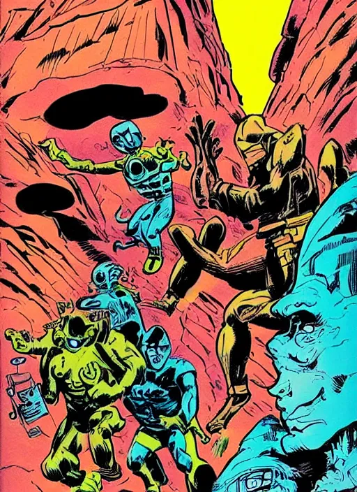 Prompt: comic book drawing of aliens at the grand canyon by jack kirby!!! and gris grimly, cinematic, epic, awesome bright color palette, hard contrast, black ink outlines