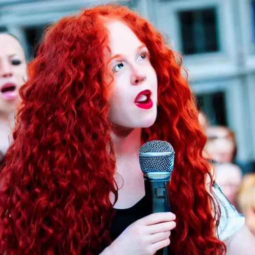 Prompt: a beautiful girl with long curly red hair on a singing on broadway stage