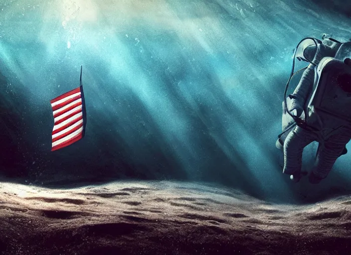 Image similar to astronaut underwater putting a flag in the sand of the bottom of the ocean. in the background, a submarine is visible. dark, concept art, cinematic, dramatic, atmospheric, 8 k, trending on artstation, low visibility, zack snyder