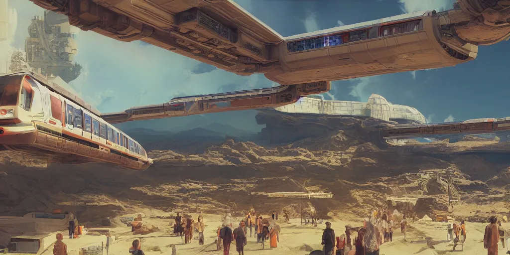 Prompt: concept art monorail shonan in martian landscape, brutalism, colorful, syd mead, norman rockwell, 4 k resolution, octane render, intricate, ultra detailed, volumetric lighting, cinematic lighting + masterpiece