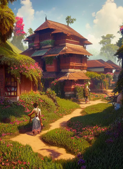 Image similar to a low poly isometric render of a kerala village, floral! intricate, elegant, highly detailed, digital painting, artstation, concept art, smooth, sharp focus, illustration, art by artgerm and greg rutkowski and alphonse mucha, horizon zero dawn 8 k