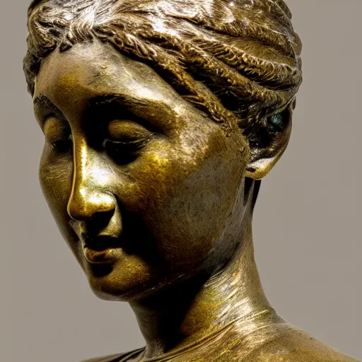 Prompt: detailed photo of an old bronze patina statue of a woman bust, intricate detail, museum lighting