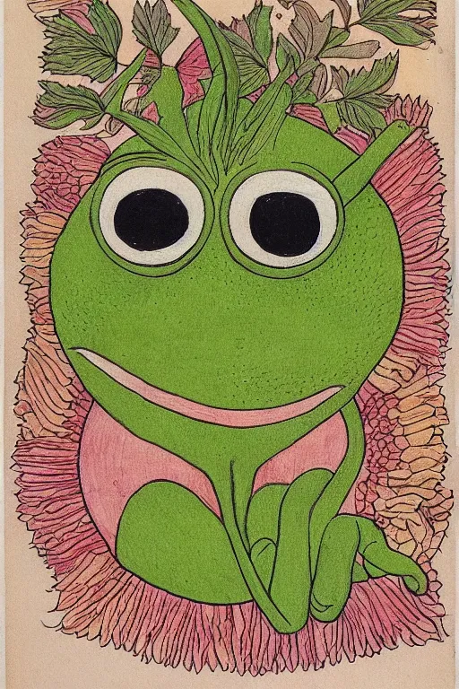 Prompt: pepe the frog, by maria sibylla merian