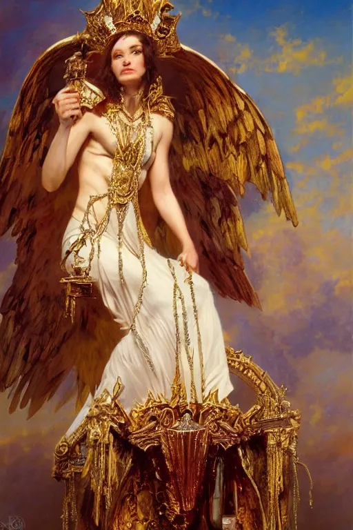 Image similar to full body portrait of seraphim queen sitting on her bone throne, highly detailed painting by gaston bussiere, craig mullins, j. c. leyendecker, 8 k, mid shot