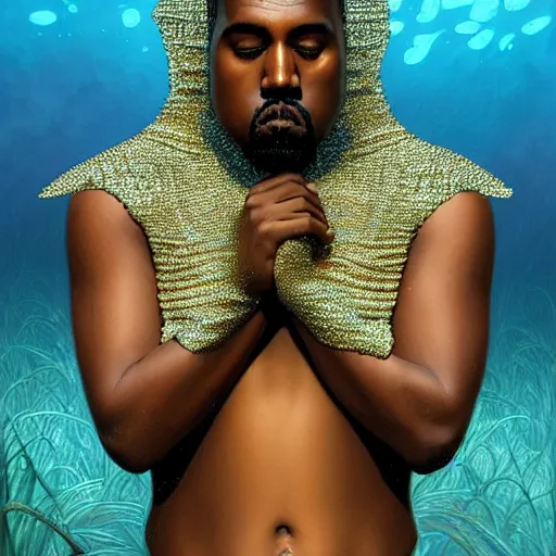 Image similar to kanye - west dressed like a fish, with shimmering scales as skin, swimming underwater!!!, intricate, extremely detailed, digital painting, artstation, concept art, smooth, sharp focus, illustration, ambient lighting, art by artgerm and greg rutkowski and alphonse mucha