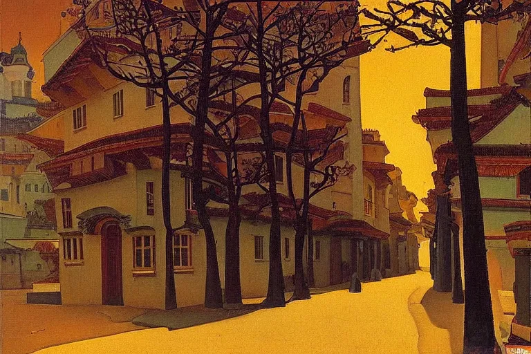 Image similar to tree-lined street at midnight in a very old very beautiful city by Nicholas Roerich and Rudolf Ernst, colorful tiled architecture, strong dramatic cinematic lighting, lost civilizations, smooth, sharp focus, extremely detailed