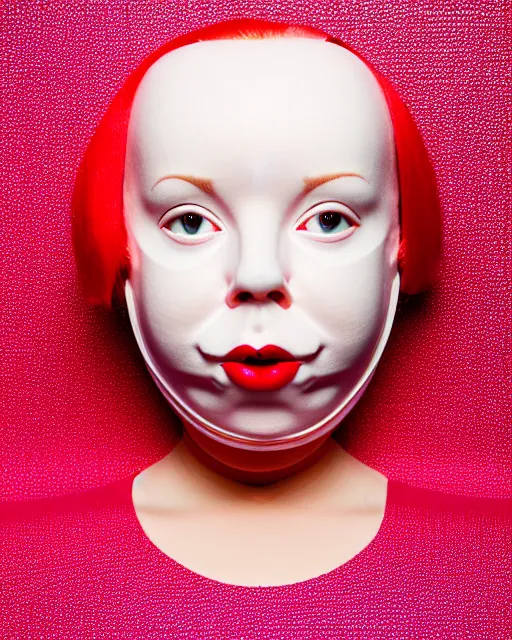 Image similar to symmetrical portrait of a woman wearing a pink silicone beauty mask and red hair rolls, wearing a red bodysuit by alexander mcqueen, cream white background, biotechnology, bjork aesthetic, translucent, by rineke dijkstra, masterpiece