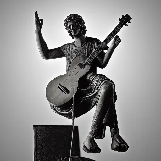 Prompt: !dream Statue of David, strumming his guitar on the live stage, backlighting, highly detailed, award-winning, photograph