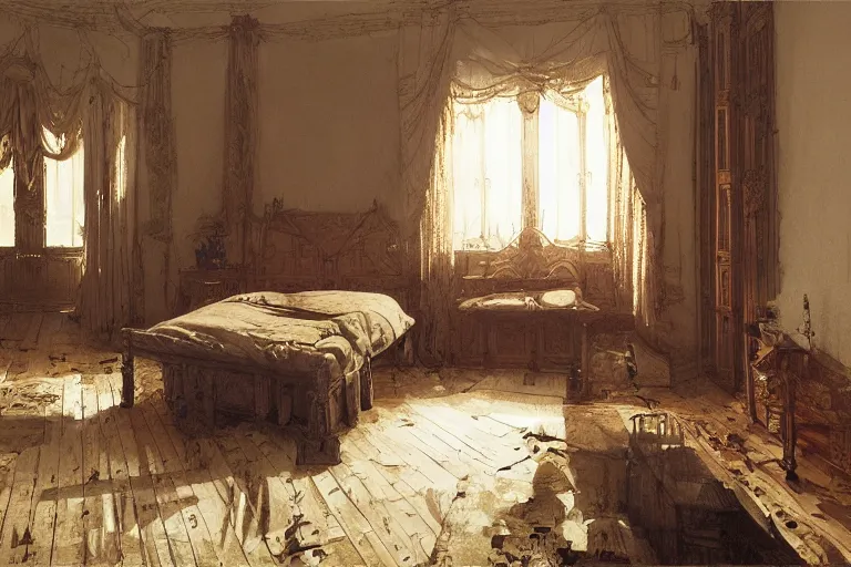 Image similar to bedroom interior, intricate, elegant, highly detailed, john howe, john park, sparth, ruan jia, jeffrey catherine jones