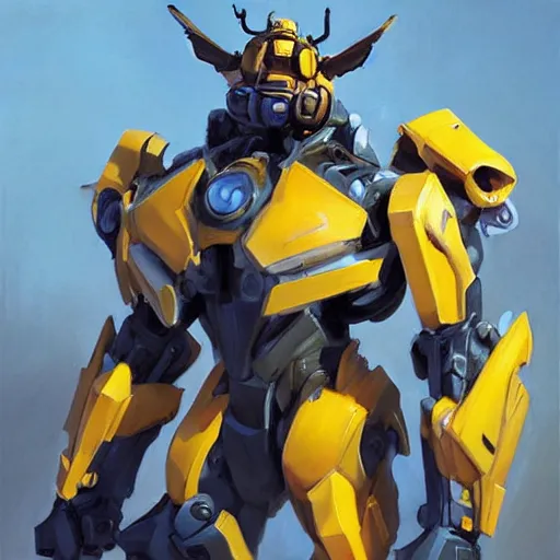 Image similar to greg manchess portrait painting of bumblebee the transformer as overwatch character, medium shot, asymmetrical, profile picture, organic painting, sunny day, matte painting, bold shapes, hard edges, street art, trending on artstation, by huang guangjian, gil elvgren, ruan jia, greg rutkowski, gaston bussiere